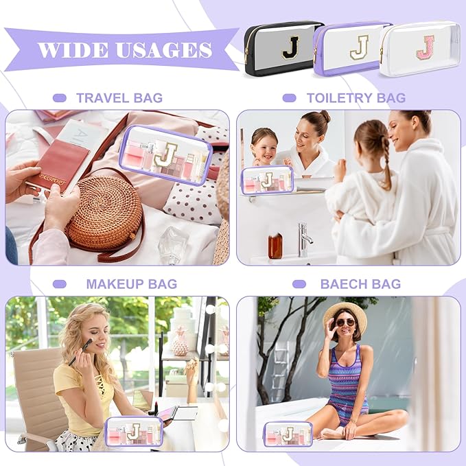 Personalized Initial Letter Clear Makeup Bag,Preppy Small Nylon&PVC Cosmetic Zipper Bag with Chenille Letter,Travel Skincare Toiletry Bag,Monogram Christmas Gift for Teen Girls Women,J