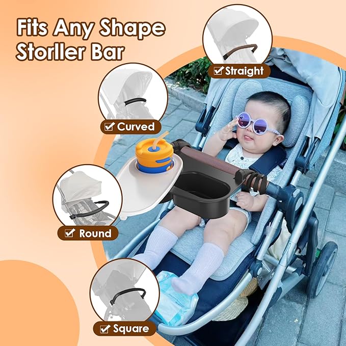 Upgrade Universal Stroller Snack Tray-Compatible with Nuna Uppababy Bugaboo,Stroller Cup Holder Tray with Silicone Arms Grip Bumper Bar,Stroller Tray Attachment with Cups Holder for Baby Toddler
