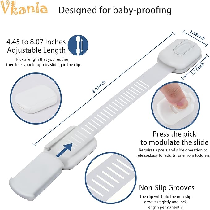 Vkania Child Proof Cabinet Locks - Cabinet Locks Baby Proofing with 3M Adhesives for Refrigerator, Oven, Cupboards, Toilet Seat - Adjustable,Easy Installation,No Drilling (4 Pack)