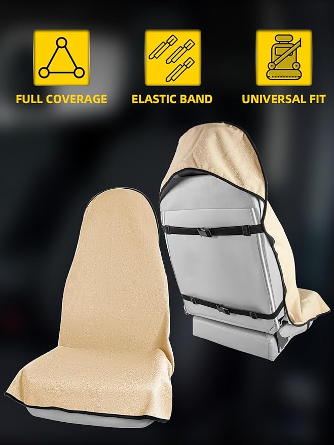 ZIMABLUE Towel Seat Cover - Waterproof Terry Cloth Front Seat Protector for Gym and Beach, Sweat-Absorbent, Non-Slip(Beige,2 Pack)