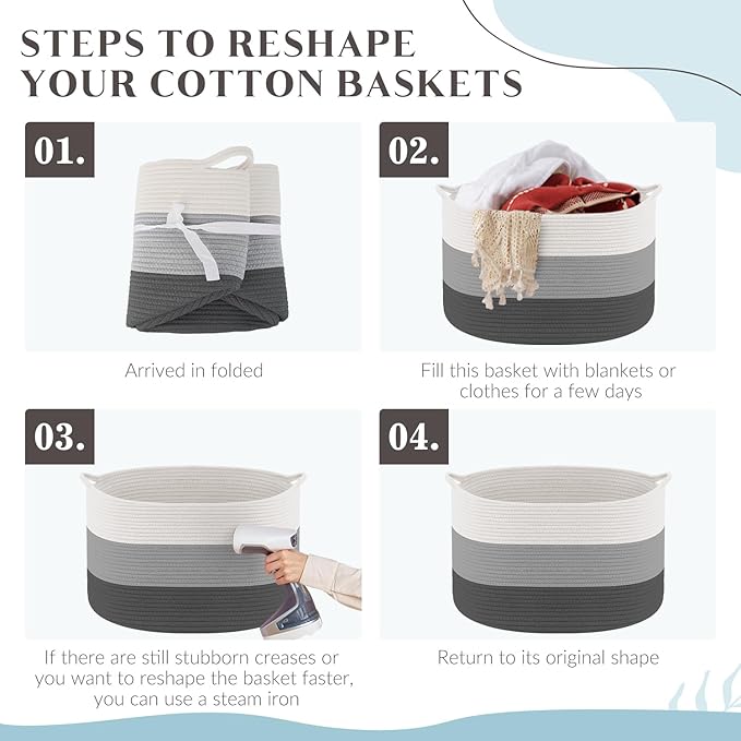 Maliton Large Blanket Basket, 22" X 22" X 14" Woven Baskets for storage Baby Laundry Hamper, Cotton Rope Blanket Basket for Living Room, Laundry, Nursery, Pillows, Clothes, Baby Toy chest (White&Grey)
