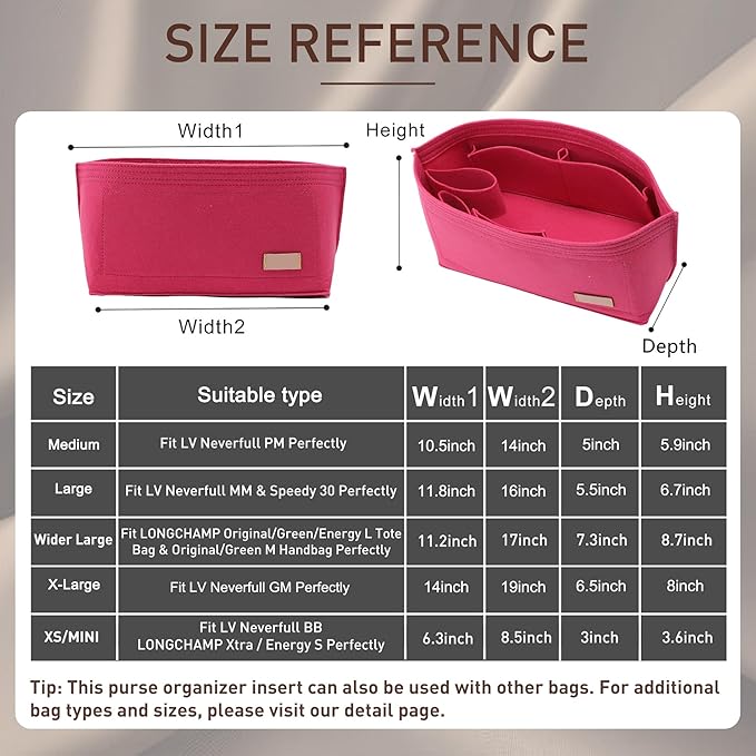 Doxo Purse Organizer Insert for Handbags & Base Shaper 2pc Set, Felt Neverfull GM Organizer Insert, Tote Bag Organizer with Zipper Pocket and Bottle Holder, Fit Neverfull GM and More, Rose-XL