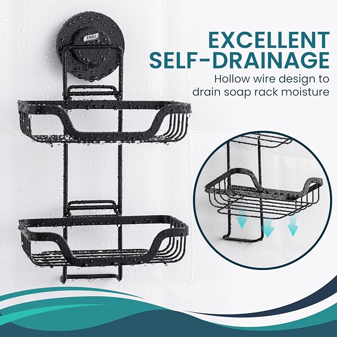 TAILI Soap Holder for Shower - Double Layer Soap Dish with Drain Holes, Rustproof Stainless Steel, Wall Mounted Rustproof Bath Organizer Keeps Sink & Shower Area Dry, Black