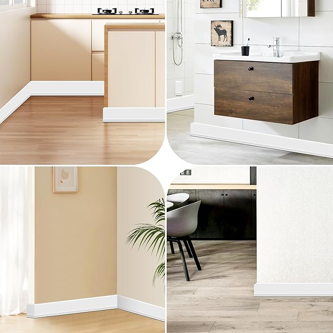 Flexible Baseboard Molding Trim 3 Inch(W) x 66 Feet(L) Self Adhesive Vinyl Wall Base Peel and Stick Cove Base,Rubber Wall Base. (White)