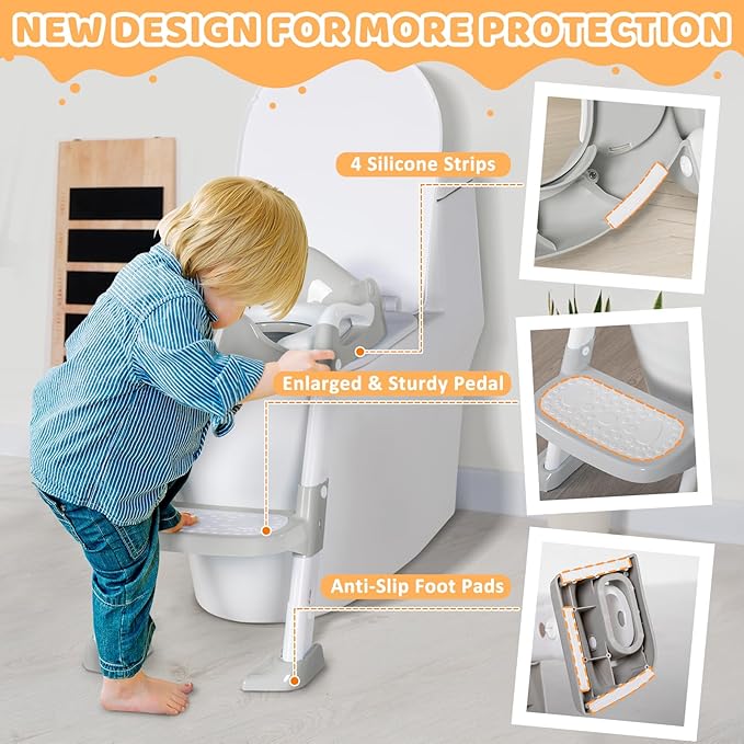 Potty Training Seat with Step Stool, Toddler Toilet Seat w/Ladder, Potty Training Chart, Splash Guard & Upgraded Non-Slip Pads, Kids Foldable Training Toilet Potty Chair for Boys Girls (Gray)
