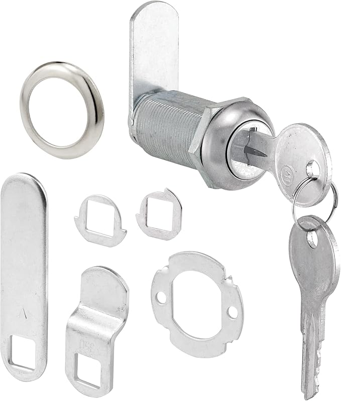 Prime-Line U 9950 Drawer and Cabinet Lock – Secure Important Files and Drawers, 1-3/8 in., Diecast Stainless Steel, Fits on 1 in. Max Panel Thickness, Keyed Different (1 Kit)