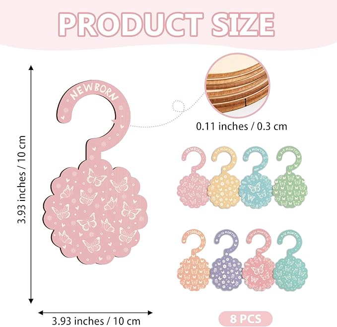 Baby Clothes Dividers for Closet - Set of 8 Wooden Baby Size Closet Dividers Newborn to 24 Months, Newborn Organizer for Girls, Floral Butterfly Baby Nursery Decor Kit Newborns Gift Baby Shower