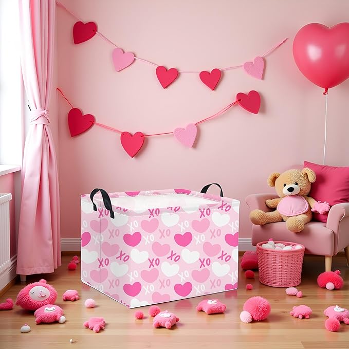 TIBAOLOVER Rectangular Valentines Basket for Home Kitchen Girls Cute Kids Storage Bin Organizer Shelf Book Room Decor(XO Heart)