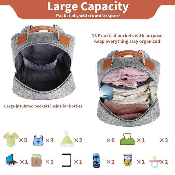 BILLITON MASHI Diaper Bag Backpack, Large Baby Nappy Bags with Portable Changing Pad for Boys and GirlsMultifunction Travel Baby Bag for Moms Dads, Shower Gifts Waterproof and Stylish，Grey