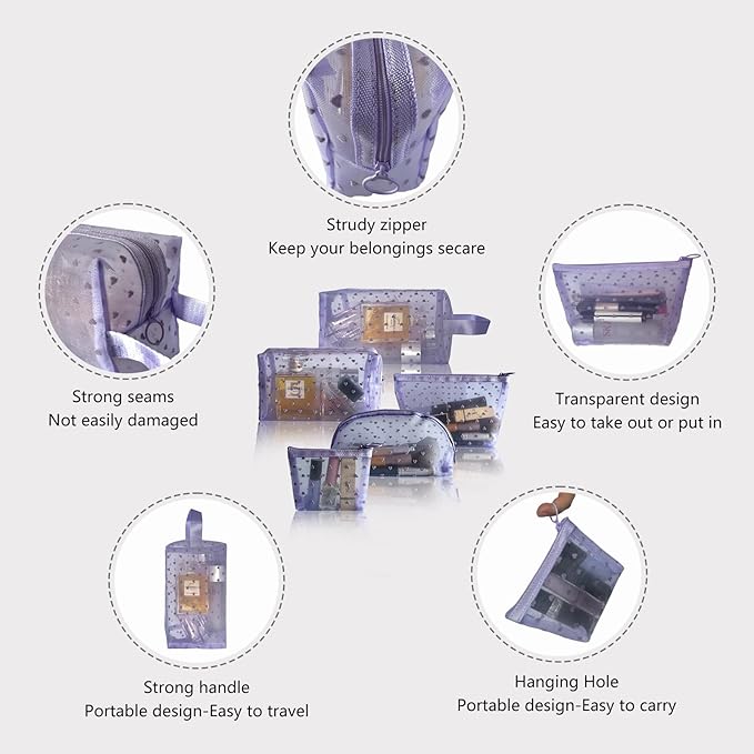 5-Piece Heart Printed Mesh Makeup Bag Set, Portable Travel Cosmetic Bags Toiletry Bags Purse Bags Makeup Bags Zipper Mesh Storage Pouches for Home Offices Travel Accessories (Purple)