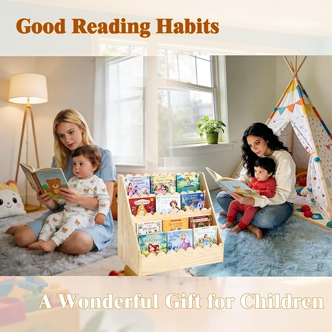 OCMML Kids Bookshelf-3-Tier Wooden Book Shelf for Kids Rooms,Nursery&Toddlers Montessori Bookcase with Deep Storage Pockets, Baby Book Storage,Children's Bookshelf for Nursery&Bedroom (Small)