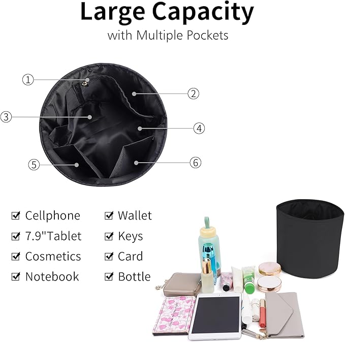 NOTAG Purse Organizer Insert Nylon Round Bucket Bag Organizer for Handbag Small Tote Dividers Insert (Black)