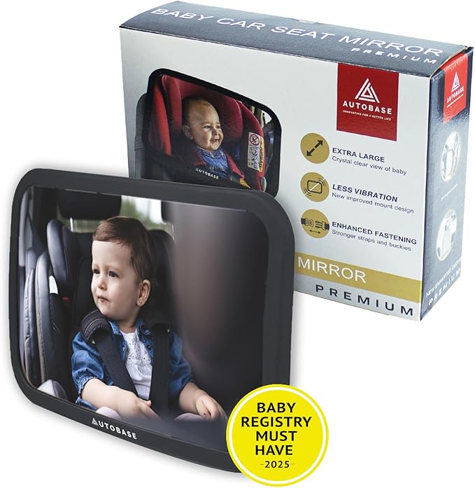 Autobase Baby Car Mirror | Shatterproof Baby Mirror for Car Seat Rear Facing with Wide Crystal Clear View | Fully Assembled Car Mirror for Baby | Newborn Essentials for Travel | Baby Registry Items