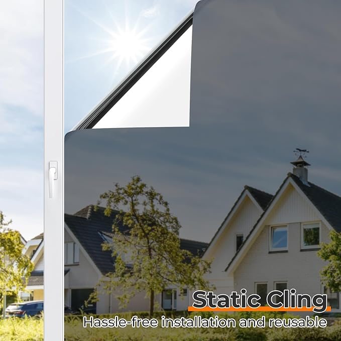 DOWELL Window Privacy Film, One Way Window Tint for Home, Static Cling Anti UV Sun Blocking Reflective Mirror Film, Heat Control See Out Not in Glass Tinting, Black Silver, 29.5" x 157.4"