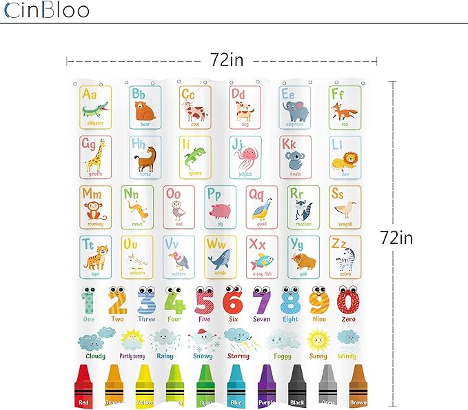 Alphabet ABC Kids Shower Curtain 72Wx72H Colorful Cartoon Children Animal Cute Educational Number Learning Bathroom Curtain Set Nursery Baby Boys Girls Fabric Bathroom Decor with 12 Hooks