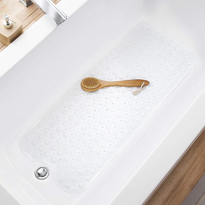 TEESHLY Bath Tub and Shower Mats, Non-Slip 39 x 16 Inch Extra Long Bathtub Mat, Machine Washable BathMat with Drain Holes, Suction Cups for Bathroom (Opaque White)