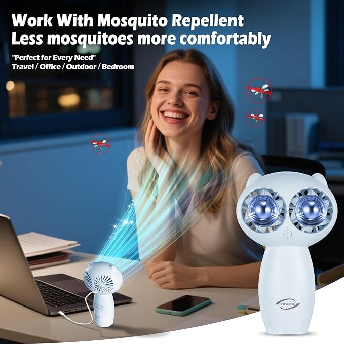 Portable Aroma Handheld Fan - Rechargeable 6000mAh Battery USB-C Owl Shaped with Clip Mini Personal Turbo Travel Essentials (Blue)