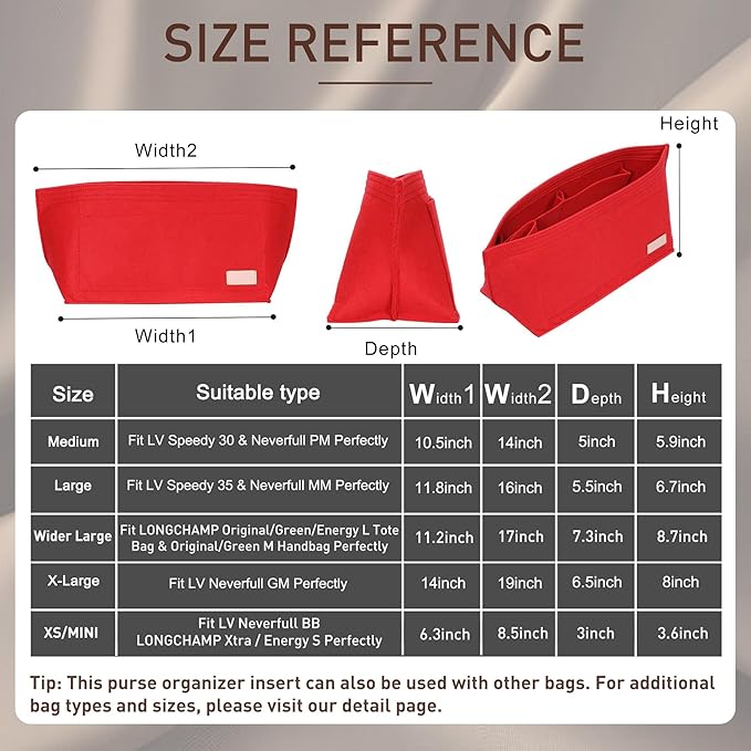 Doxo Purse Organizer Insert for Handbags & Base Shaper 2pc Set,Felt Organizer Insert Large Tote,Bag Organizer with Zipper 7 Sizes,Fit Speedy Neverfull MM/City33 and More(Red-L-Combination)