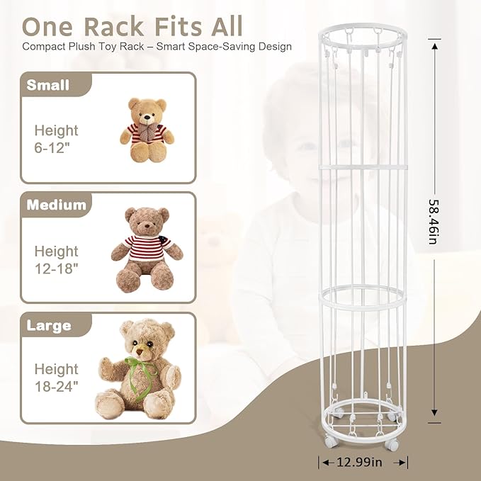 BENCHRY Stuffed Animal Storage Zoo Plushies Toy Storage Organizer, Metal Tube Stuffed Animal Holder with Brake Wheels, Space Saving Plush Toy Holder for Playroom Bedroom Nursery (White)