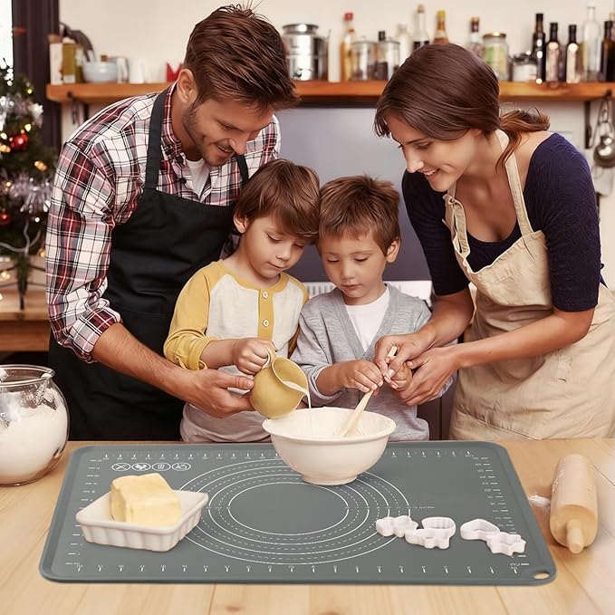 Silicone Pastry Mat 24" x 16" Baking Mat with Measurements and Edge Heightening, Thick Non-slip Food Grade Silicone Pad for Countertop Rolling Kneading Dough, Bread, Cookies,Pizza, Fondant,Dark Gray
