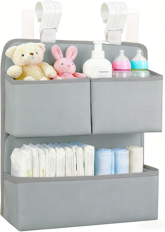 Hanging Diaper Organizer for Bassinet/Crib/Playpen/Playard – Hold 80+ Diapers - Changing Table Diaper Holder Attachment Accessories- Diaper Stacker Nursery Caddy Organizer - Grey