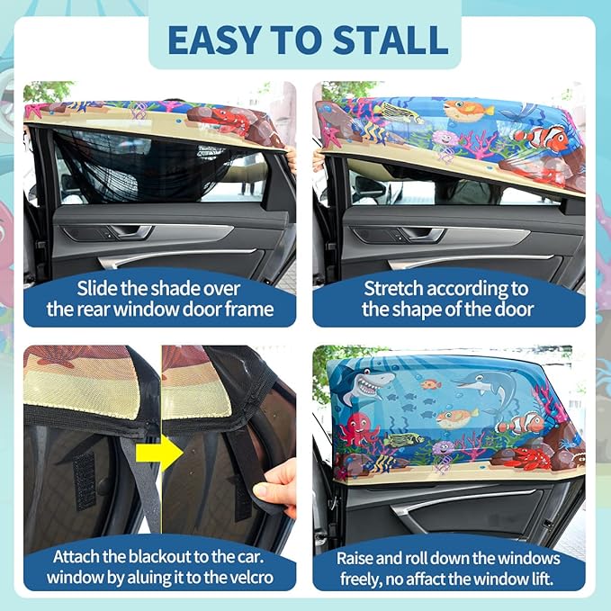 MOVINPE Car Window Shade for Baby, 2-Pack Breathable Mesh Rear Window Screens, Universal Stretchable Sun Shades, Heat and UV Block, Privacy Shield for Toddler Kids Babies (Undersea)