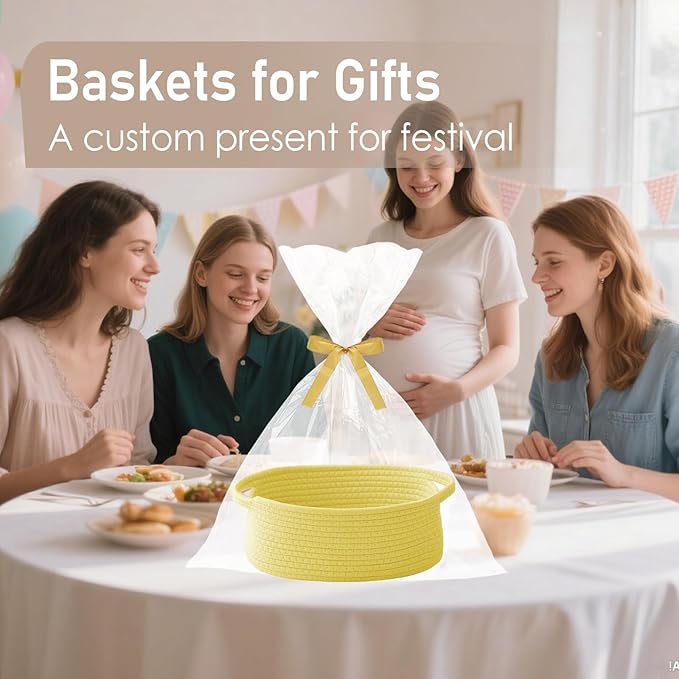 JMvicyroam Woven Basket,Small Rope Storage Bin with Handles & Ribbon Bag, Organizer for Shelves Closets,Gift Basket Empty for Birthday,Books,Dog Toys, Yellow