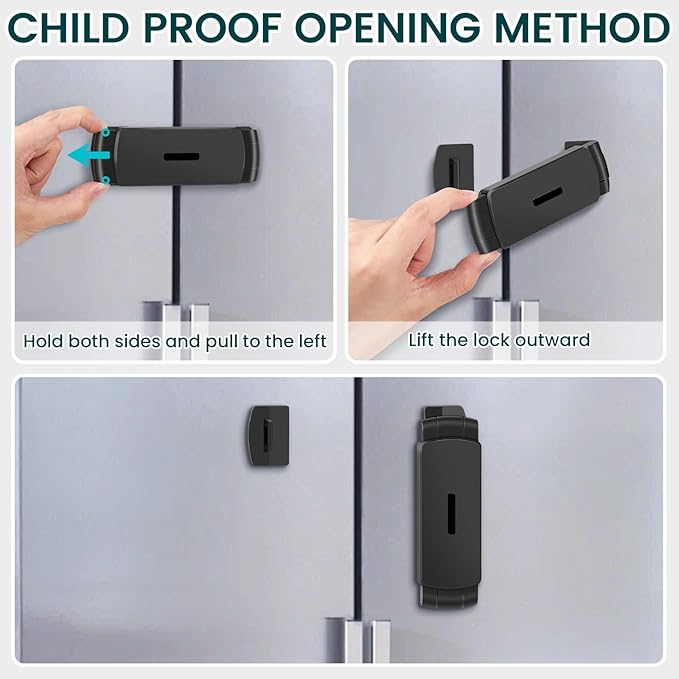 CLYMENE French Door Fridge Lock - Childproof, Adjustable, Easy Install - Cabinet Safety Latch Lock for Kids & Toddlers (Black)
