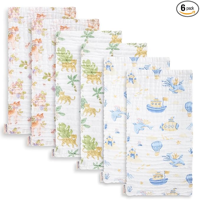 Maliton Muslin Baby Burp Cloths 20" x 10" - Large, 6-Layer, Ultra Absorbent 100% Cotton for Baby Drool & Messes, Soft, Pack of 6, Safe & Gentle Baby Rags for Boys & Girls - Floral