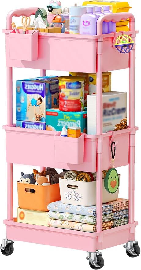SUNALLY Baby Diaper Caddy Cart, 3 Tier Rolling Diaper Cart with Lockable Wheels for Nursery Essentials, Large Capacity & Easy Assemble Diaper Storage Organizer for Newborn,New Mom, Pink