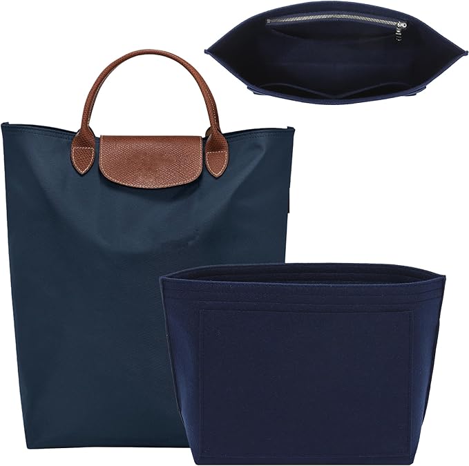 Premium Felt Purse Organizer Insert for Longchamp Le Pliage M Top Handle Tote Bag, Lighweight Long Champ Medium Tote Divider with Zipper Pocket,Bags Storage Shaper with 7 Pockets, Blue/SM