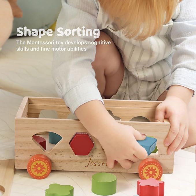 Jessruly Shape Sorter - Wooden Pound A Ball and Montessori Number Puzzle Set for Babies - Educational Sorting Game with Storage Car for Toddlers