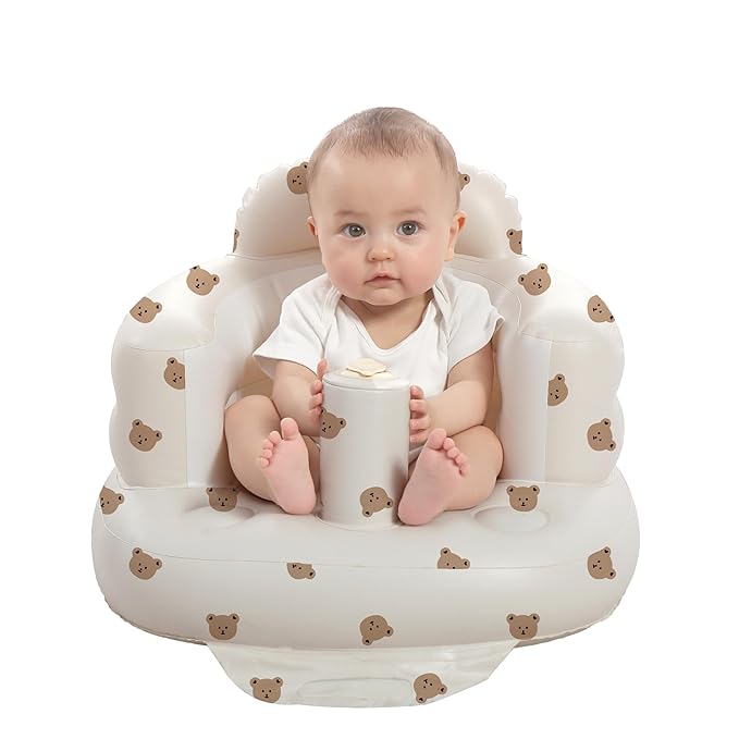 AGITVPS Inflatable Baby Seat for Babies 3-36 Months, Built in Air Pump Baby Chair Sit Me up Floor Seat for Baby, Bumbo Seat for Learning to Sit, Feeding, Camping (Bear)