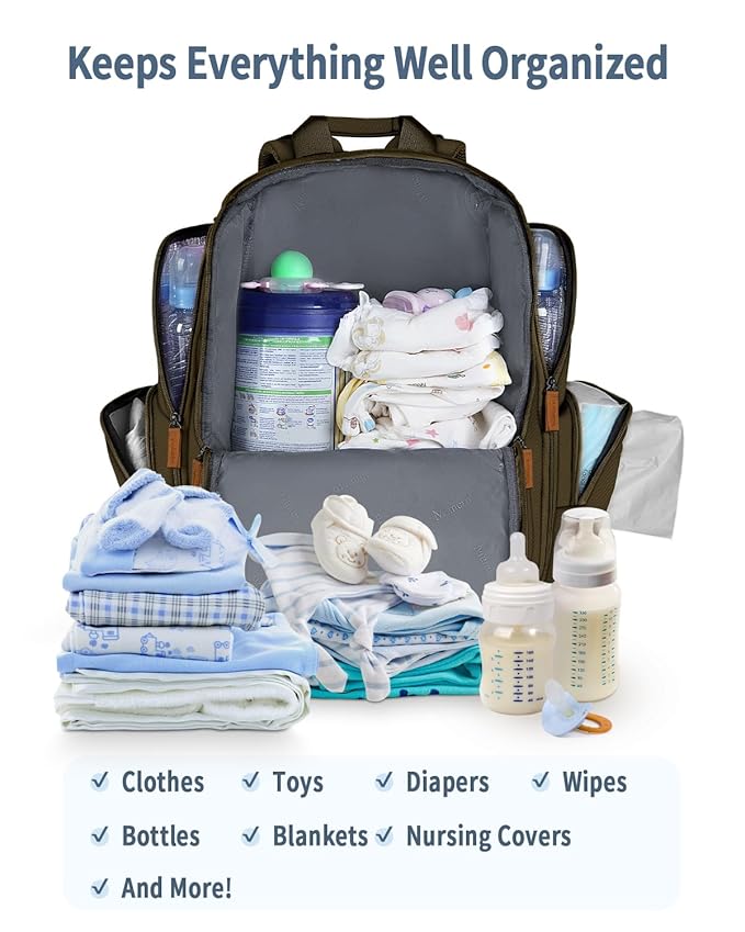 Mancro Diaper Bag Backpack, Large Multifunction Baby Backpack for Travel with Stroller Strap and 2 Insulated Pockets, Diaper Baby Bag for Mom, Dark Green