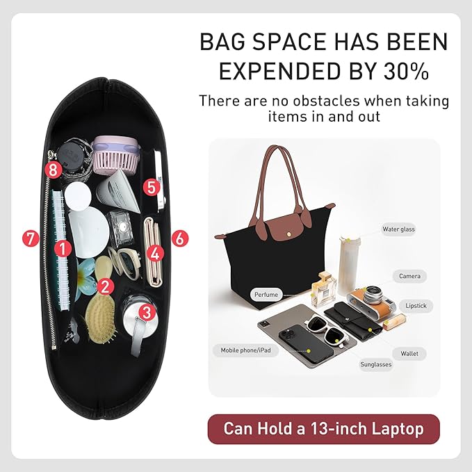 Felt Longchamp Bag Organizer Insert Compatible with Long Champ Le Pliage L Tote Bag & M Handbags, Zipper Purse Organizer Insert with Cup Holder, 8 Compartments, Custom Divider (Black,L)