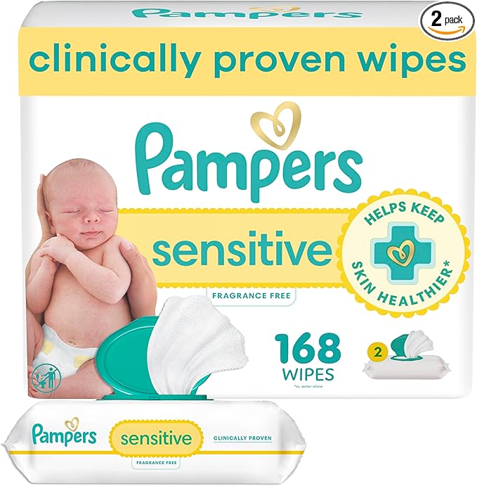 Pampers Sensitive Baby Wipes, Clinically Proven, Fragrance Free, Unscented, Water Based, Hypoallergenic, Multi-Use, Hand Wipes 168 Wipes Total (2X Flip-Top Packs) [Packaging May Vary]