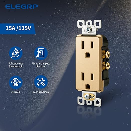 ELEGRP Matte Standard Decorator Electrical Wall Receptacle Outlet, 15A 125V, 2 Pole 3 Wire, Non Tamper Resistant, NEMA 5-15R, Self-Grounding, UL Listed (Champagne Gold, 2 Pack)