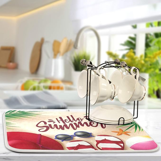 Hello Summer Dish Drying Mat for Kitchen Counter 16x18 in, Flip Flop Tableware Bottle Dryer Rack Mats for Kitchen Sink
