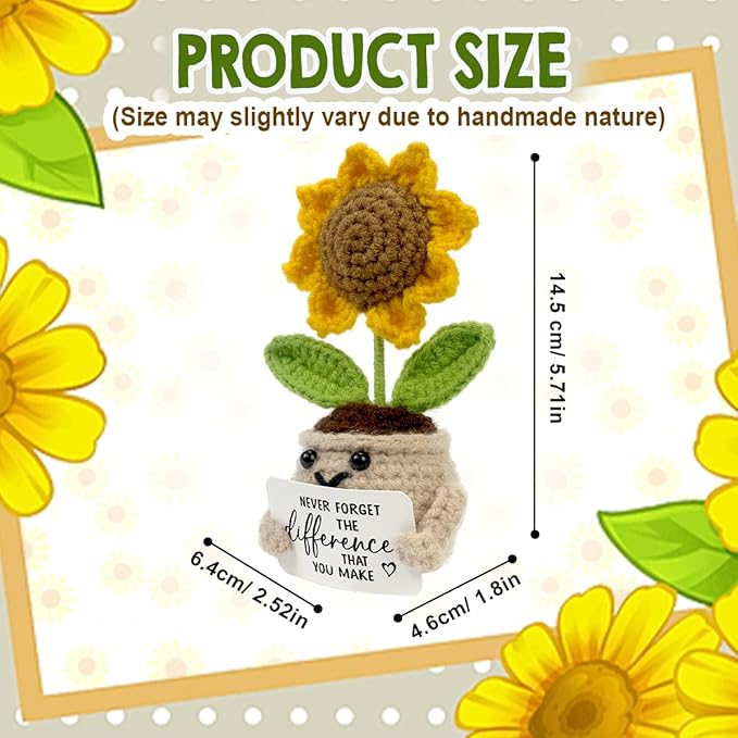 Tiny Detalles Birthday Gifts for Women - Mini Positive Crochet Sunflower, Gifts for Mom from Daughter Son on Mothers Day, Thank You Gifts for Teacher, Coworker, Friends and Sunflower Decor