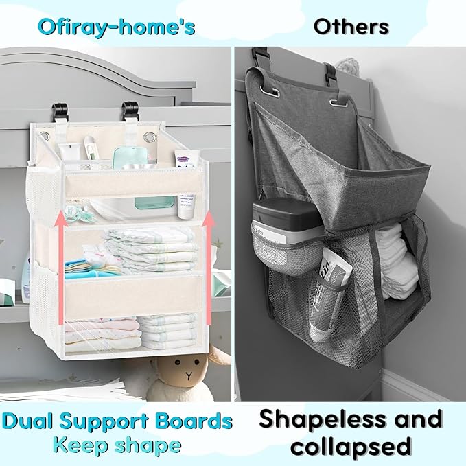Ofiray-home Hanging Diaper Organizer for Changing Table,Cribs,Car,Playard or Wall & Nursery Organization - Spacious & Durable 2-Tier Diaper Organizer- Hold 90+ Diapers, Won't Deform, Beige
