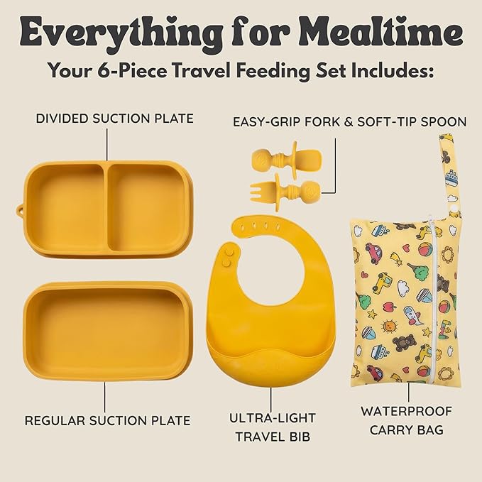 Baby Travel Essentials 6 Pc Silicone Feeding Set - Portable Toddler Plates with Suction, Baby Spoons & Foldable Bib in Carrying Case - BPA-Free Infant & Toddler Utensils for Airplanes & Eating Out