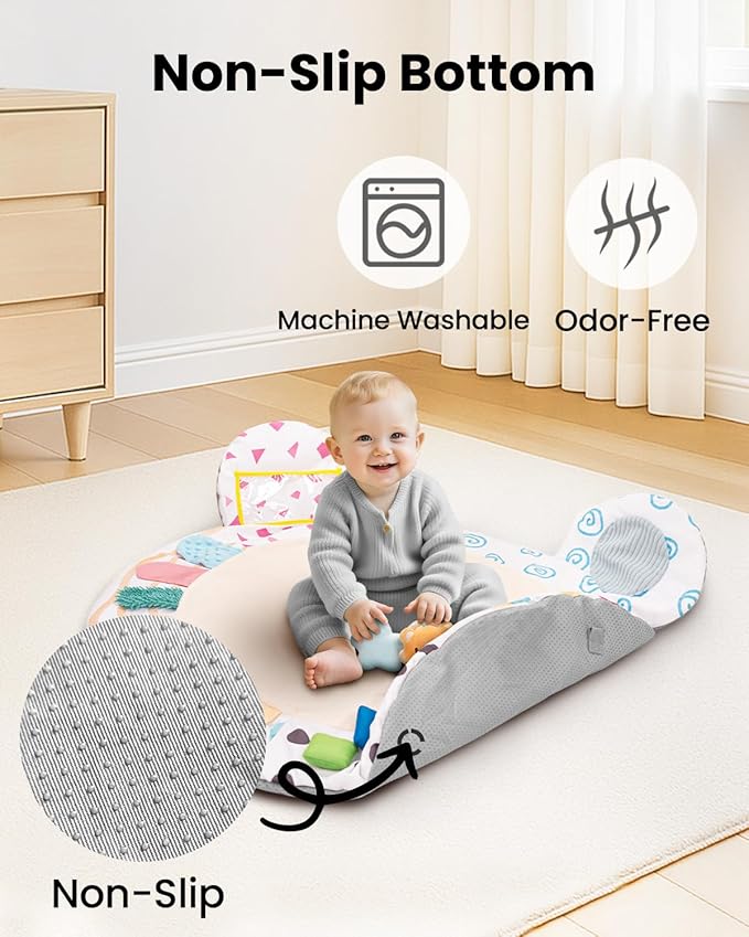 Beavtaens Baby Play Gym, Thickened and Non Slip Activity Mat, 5 Developmental Zones Tummy Time Mat with 5 Detachable Sensory Toys for Motor Skills, Baby Essentials Shower Gift Box(Bear)