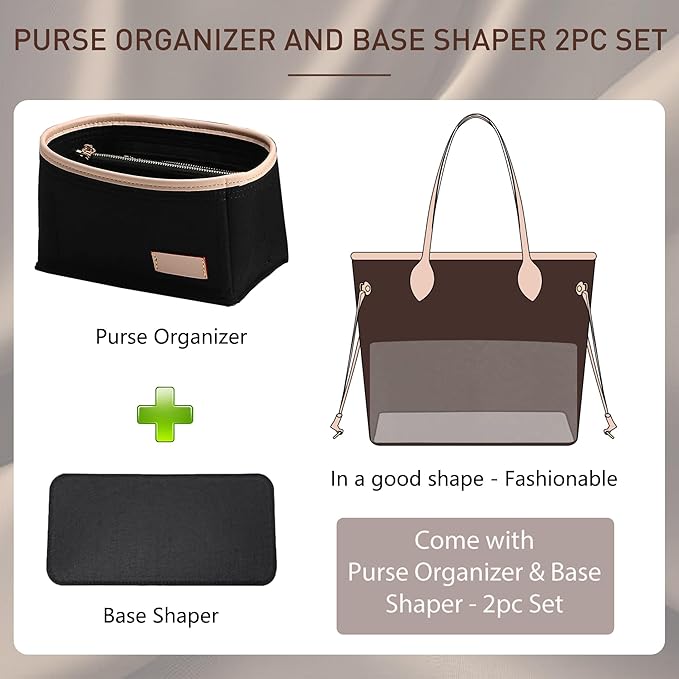 Doxo Purse Organizer Insert for Handbags & Base Shaper 2pc Set, Compatible with Speedy 25 Bag Organizer, Lepliage S,Nererfull,ONTHEGO,Carryall,Graceful,Noe,Book Tote Bag and More(M-Black)