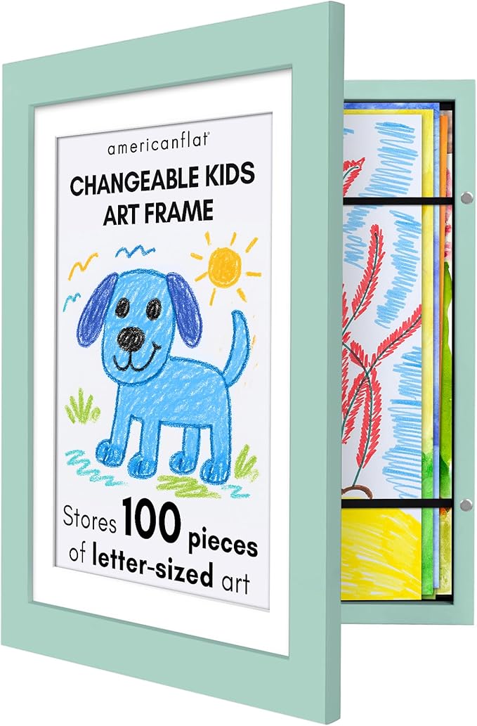 Americanflat Kids Artwork Frame Changeable (Seafoam Green) - Magnetic Door Holds 100 Art Pieces - 8.5x11 Letter Size Display with Mat or 10x12.5 Without Mat - My Mini Masterpiece