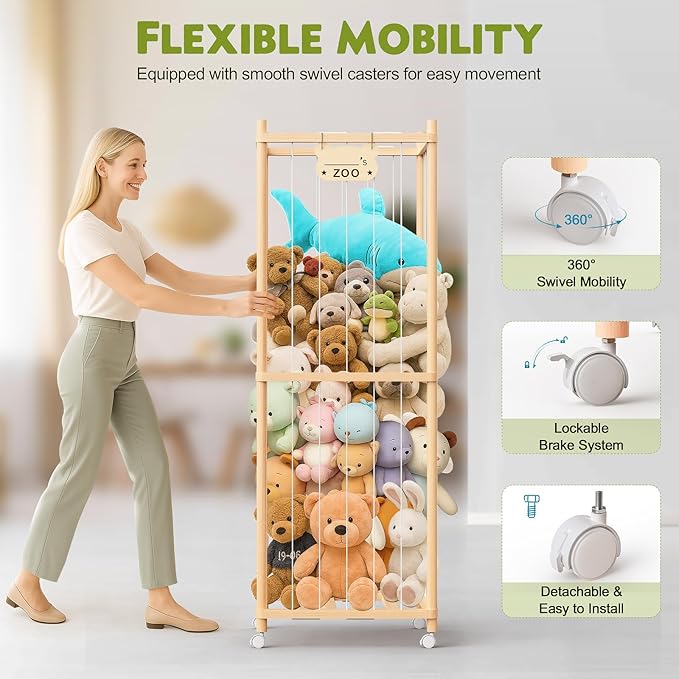 May Eileen 64 Inches Tall Stuffed Animal Storage & Toy Organizer – Cute Wooden Toy Rack for Kids' Rooms, Bedrooms & Living Rooms