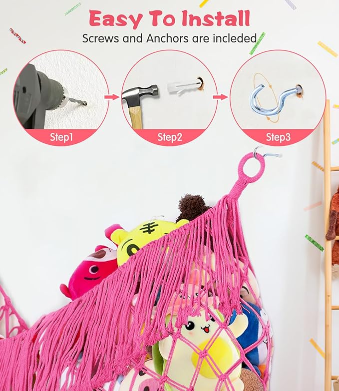 Stuffed Animal Hammock - Extra Large 63'' Long, Stuffed Animal Storage, stuffed animal Holder net, Hammock Large, Storage Hanging Organizer - Rose red