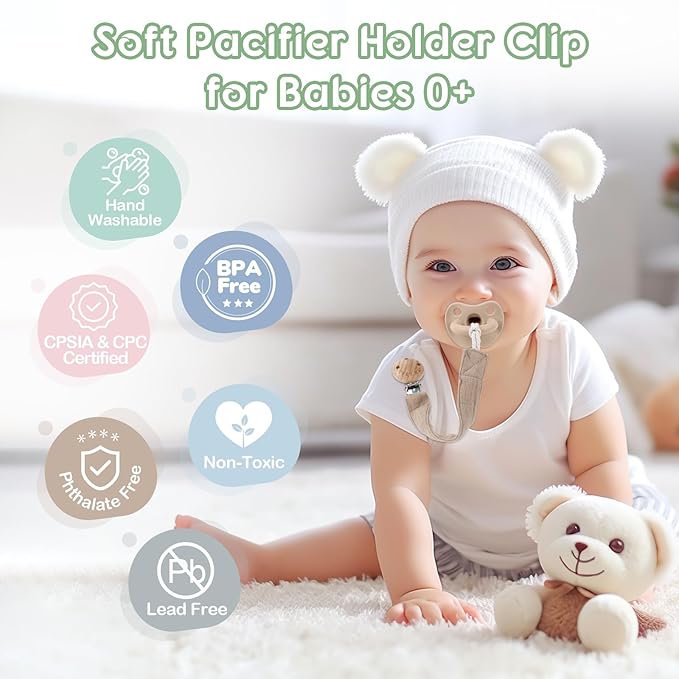 TYRY.HU Ribbon Pacifier Clip Holder,4 Pack Binky Paci Holder Clips, Pacifier Leash for Boys and Girls, Fabric Pacifier Strap Universal Fits for Most Pacifier, Styles & Teethers(Khaki,Grey,Green,Pink)