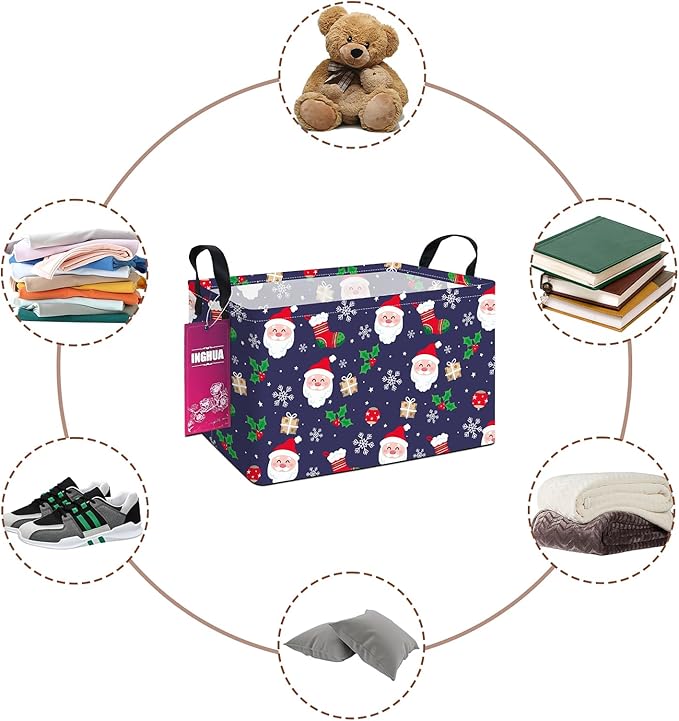 INGHUA Rectangular Christmas Storage Basket Fabric Organizer Bin for Toys,Books,Clothes,Gifts,Pets-Perfect for Home,Office,Nursery,Dorm,Shelf(Rec-Christmas gift basket)