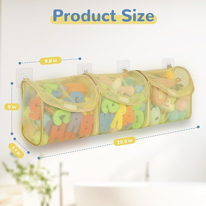Bath Toy Storage, Detachable 3 Compartments Bath Toy Holder, Large Capacity Bathtub Toy Storage, Mesh Beach Toy Bag Shower Caddy Organizer for Bathroom Beach - Yellow