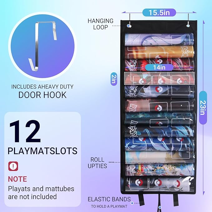 JIEENDLESSLUS Playmat Tube Storage Bag, Hanging Playmat Organizer For MTG Playmat Holder, Fits 12+1 Card Game Playmats with Transparent Plastic Slots, Portable Playmats Case For TCG/RPG Play Mat